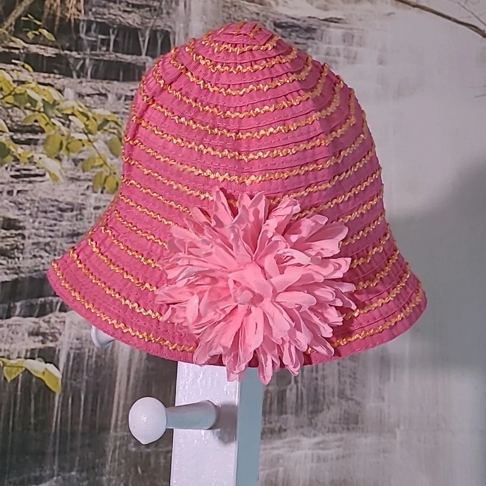 Girls toddler pink yellow striped aqua sun beach hat with fluffy floral accent